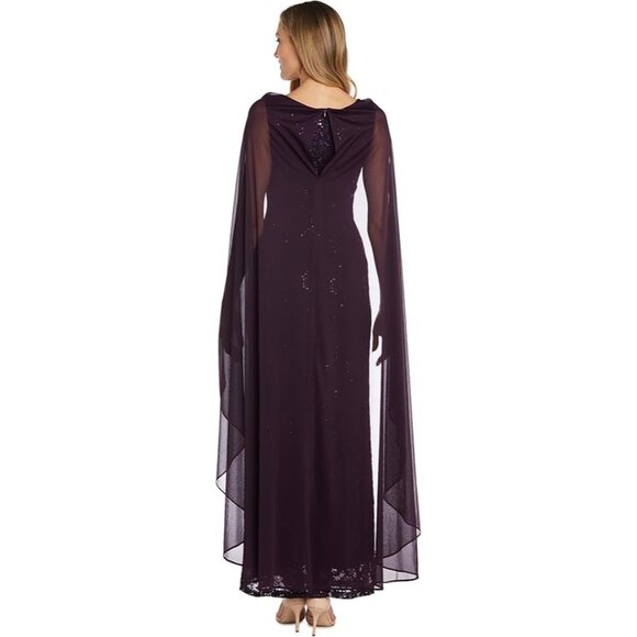 Purple Plum Lace & Sequin Long Dress Gown w/ Sheer Capelet R&M Richards Size 8 - Picture 2 of 12
